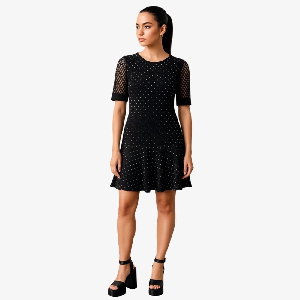 Rebecca Taylor Polka Dot Lace Sleeve Flounce Hem Dress in Black/White | Size 12